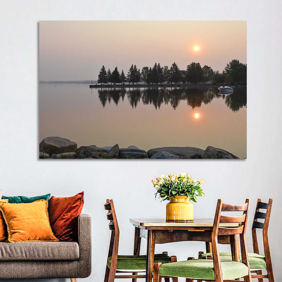Sylvan Lake Sunset Reflection Wall Art in a room, landscape