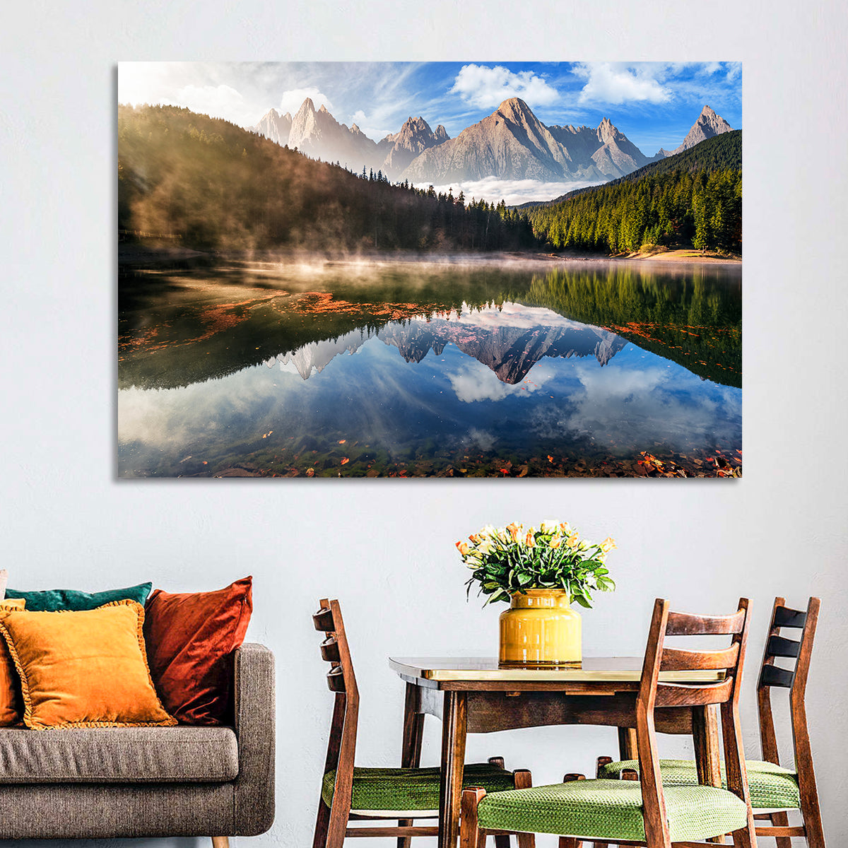 Morning Mist Mountain Lake Wall Art in a room, landscape