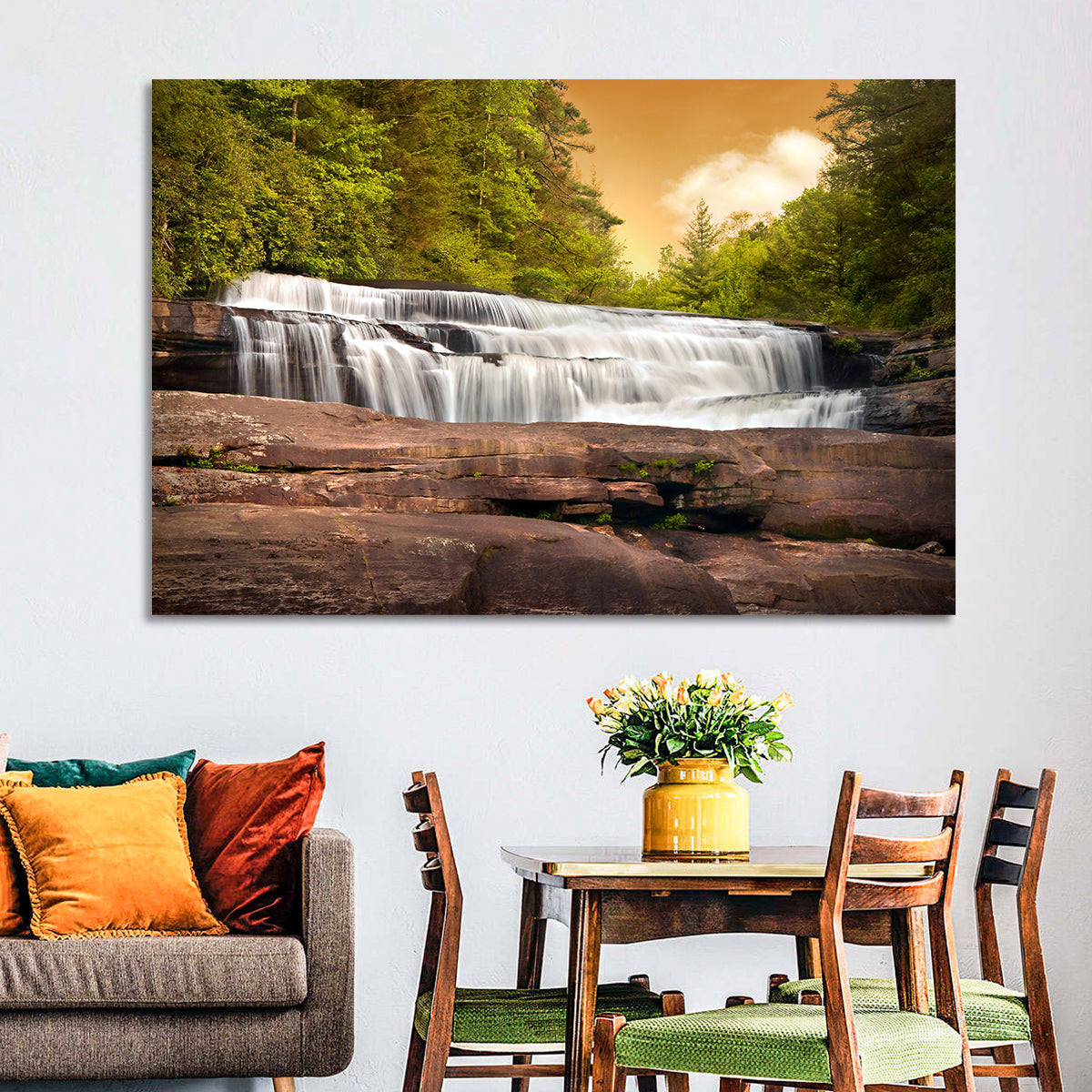 Blue Ridge Waterfall at Golden Hour Wall Art in a room, landscape