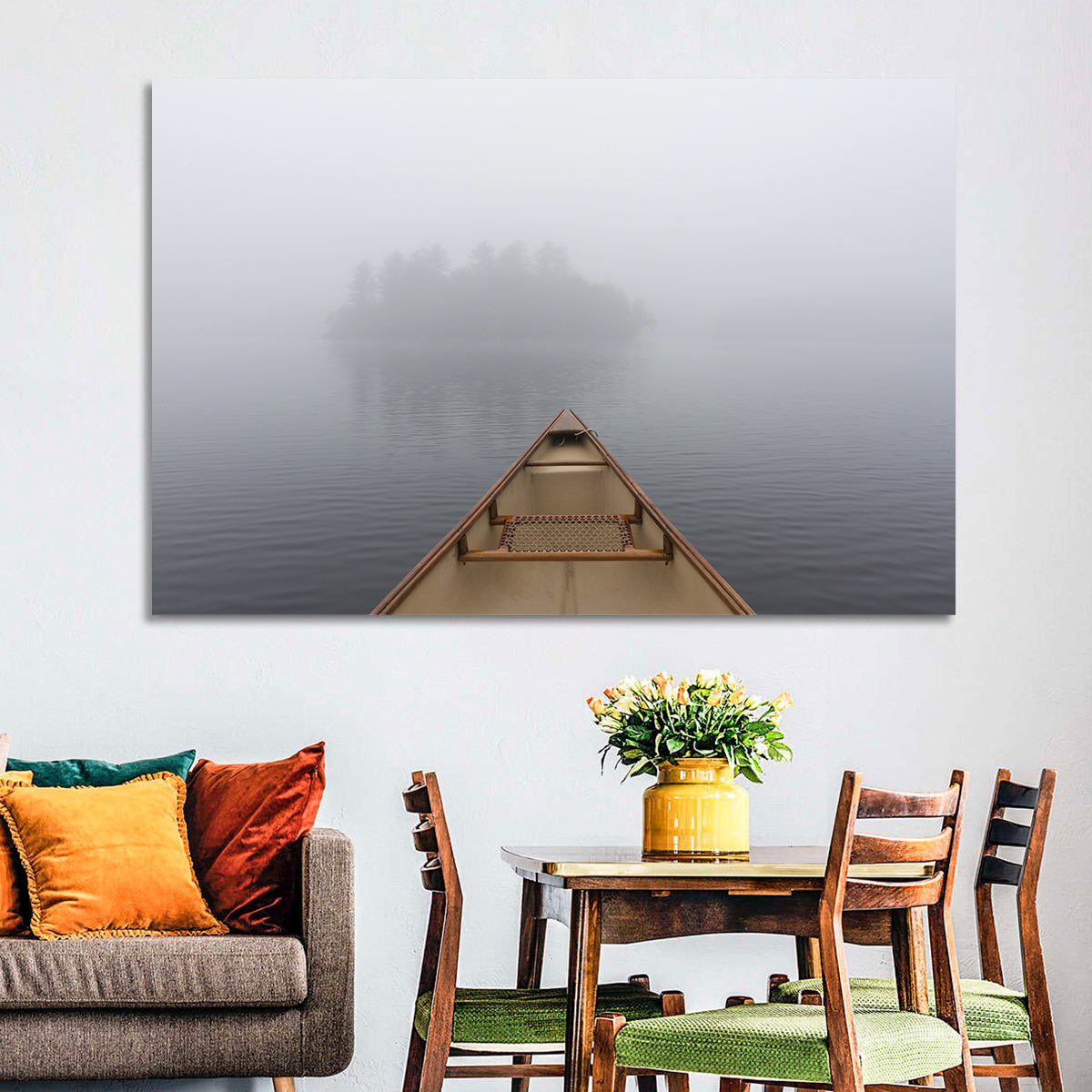 Canoe on Misty Ontario Lake Wall Art in a room, landscape