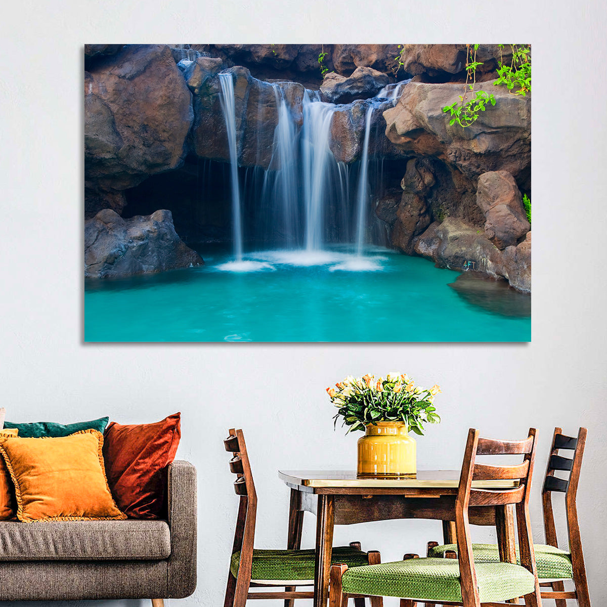 Waterfall Into Turquoise Pool Wall Art in a room, landscape