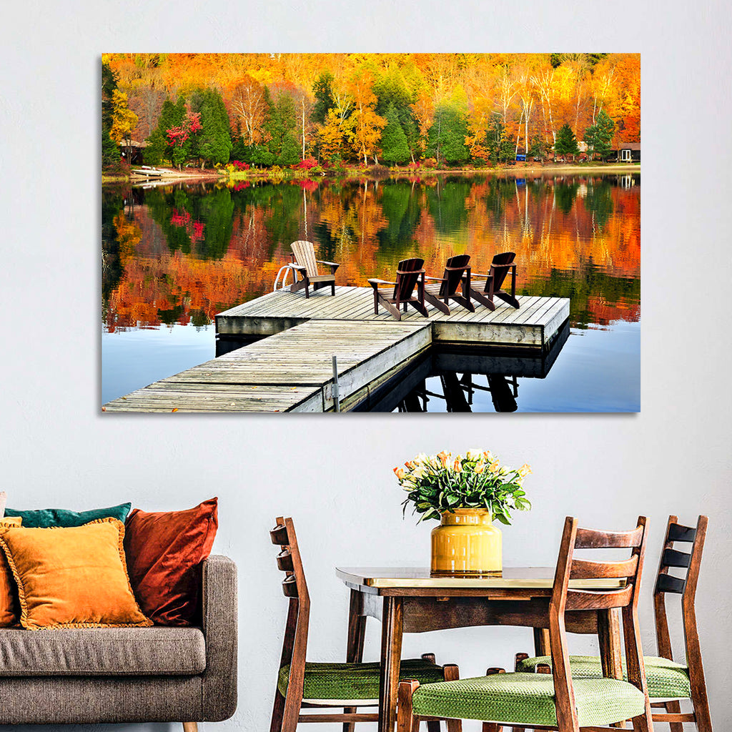 Autumn Lake Dock with Adirondack Chairs Wall Art