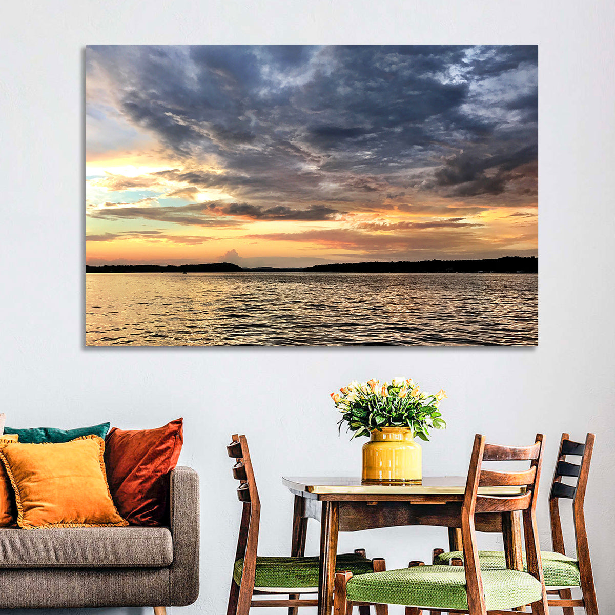 Lake Tillery Sunset Wall Art in a room, landscape