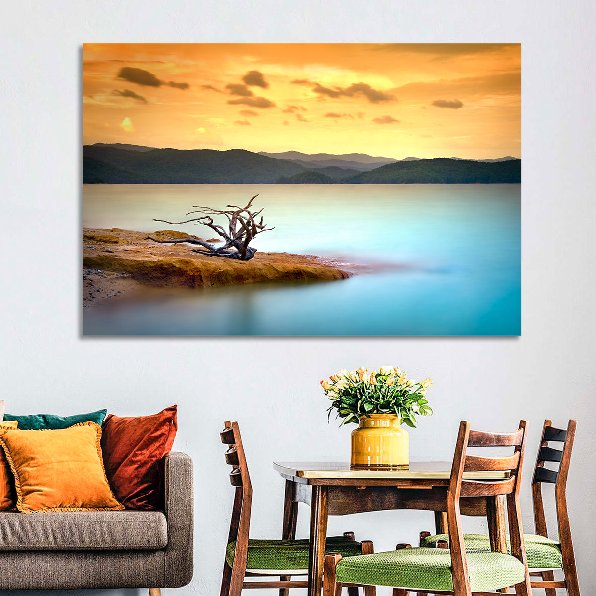 Gnarled Driftwood at Turquoise Lake Wall Art in a room, landscape