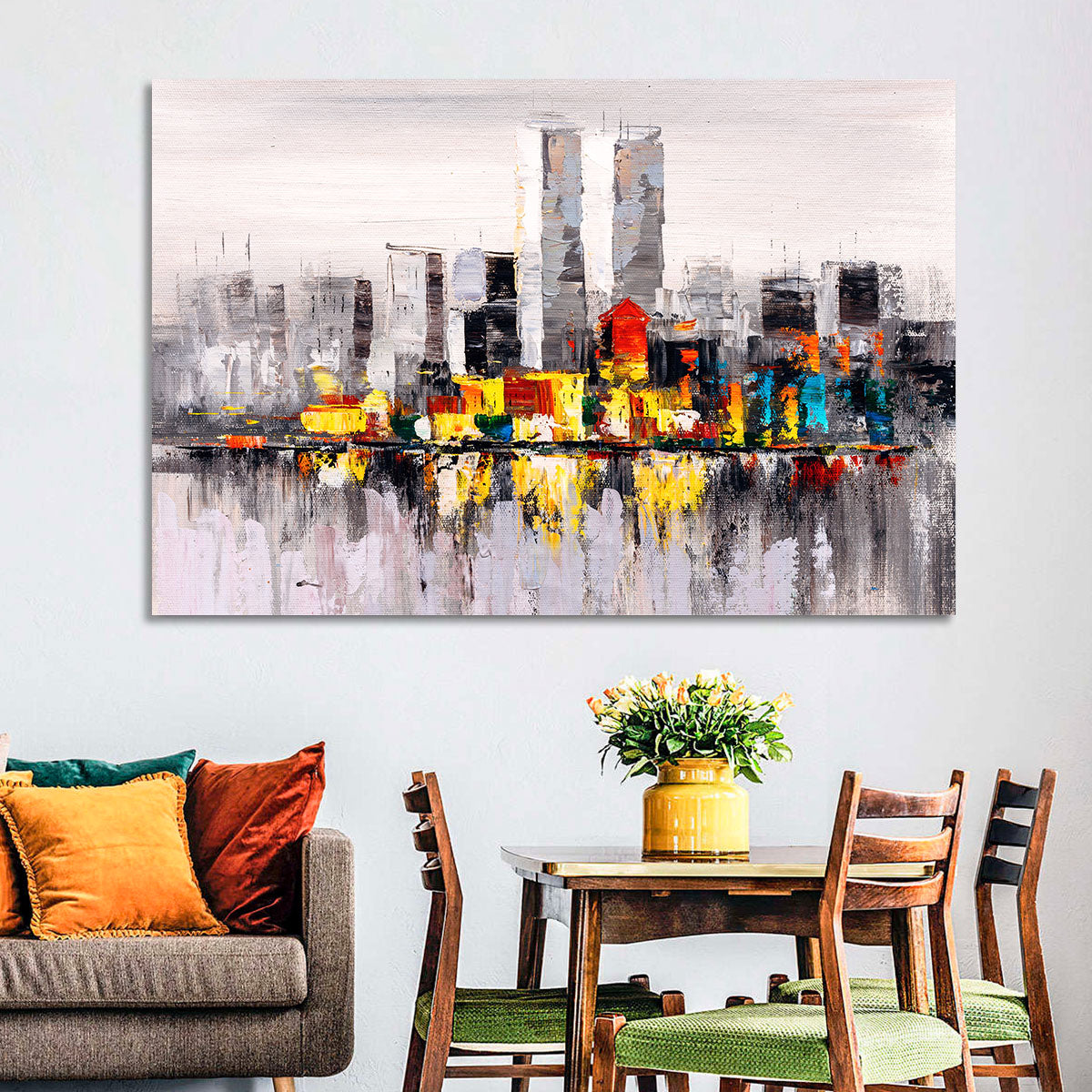 Abstract Skyline with Water Reflection Wall Art in a room, landscape