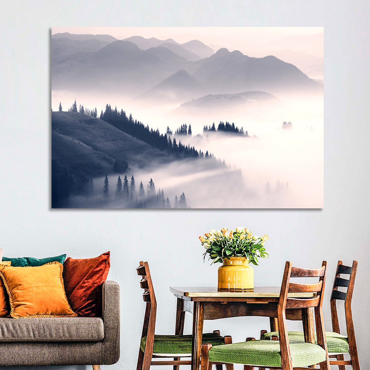 Carpathian Morning Mist Wall Art in a room, landscape