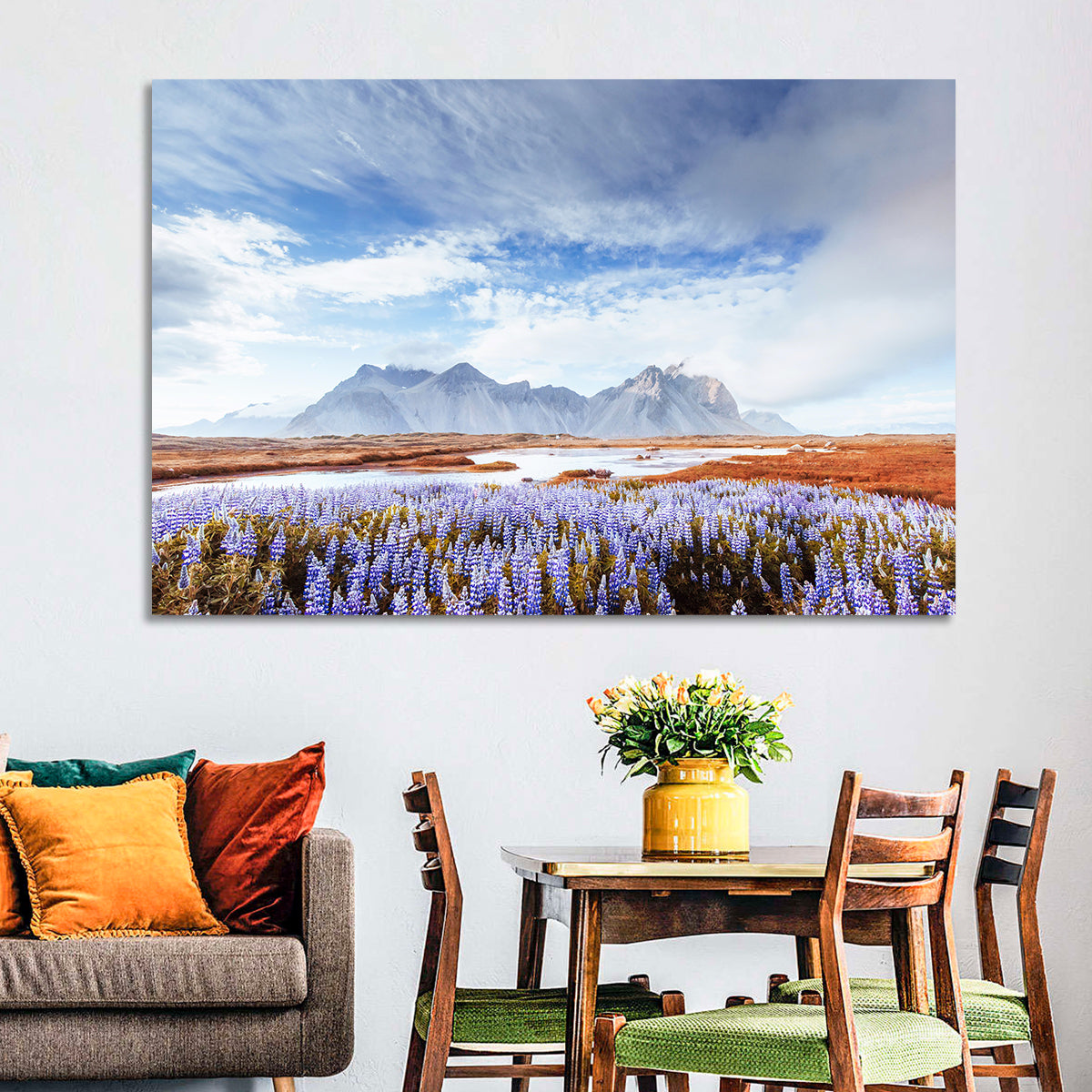 Lupine Fields at Vestrahorn Wall Art in a room, landscape