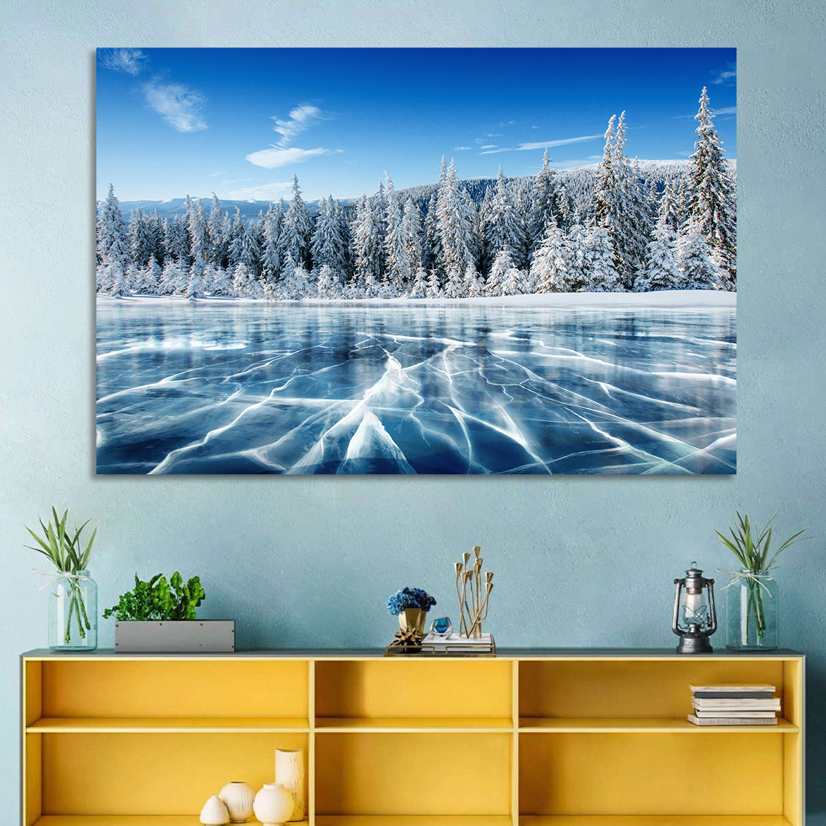 Cracked Ice Lake with Snowy Pines Wall Art in a room, landscape