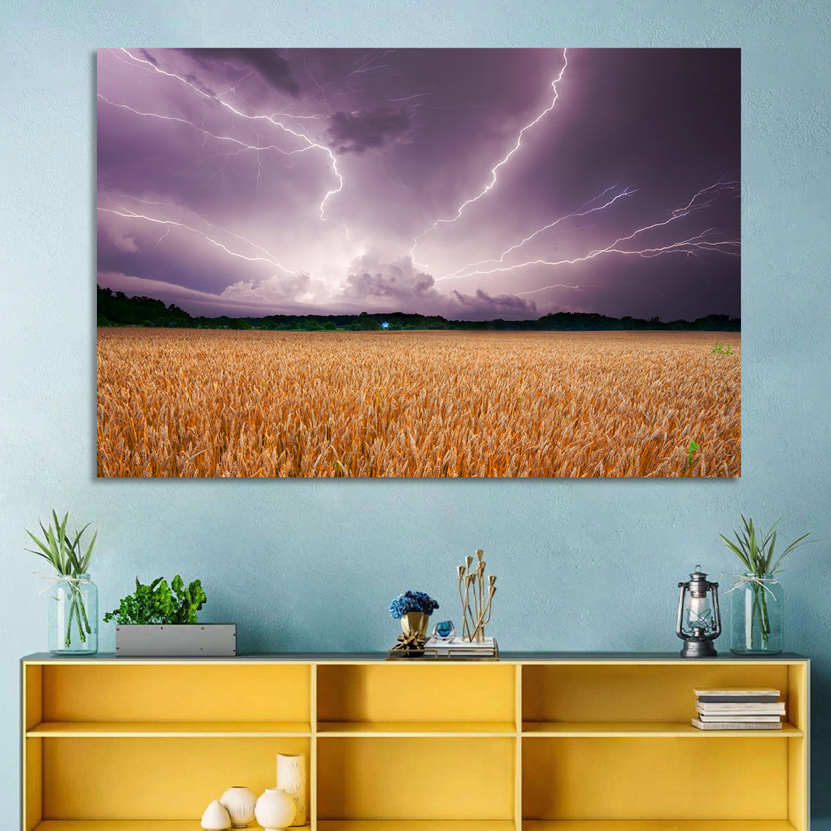 Lightning Over Wheat Field Wall Art in a room, landscape