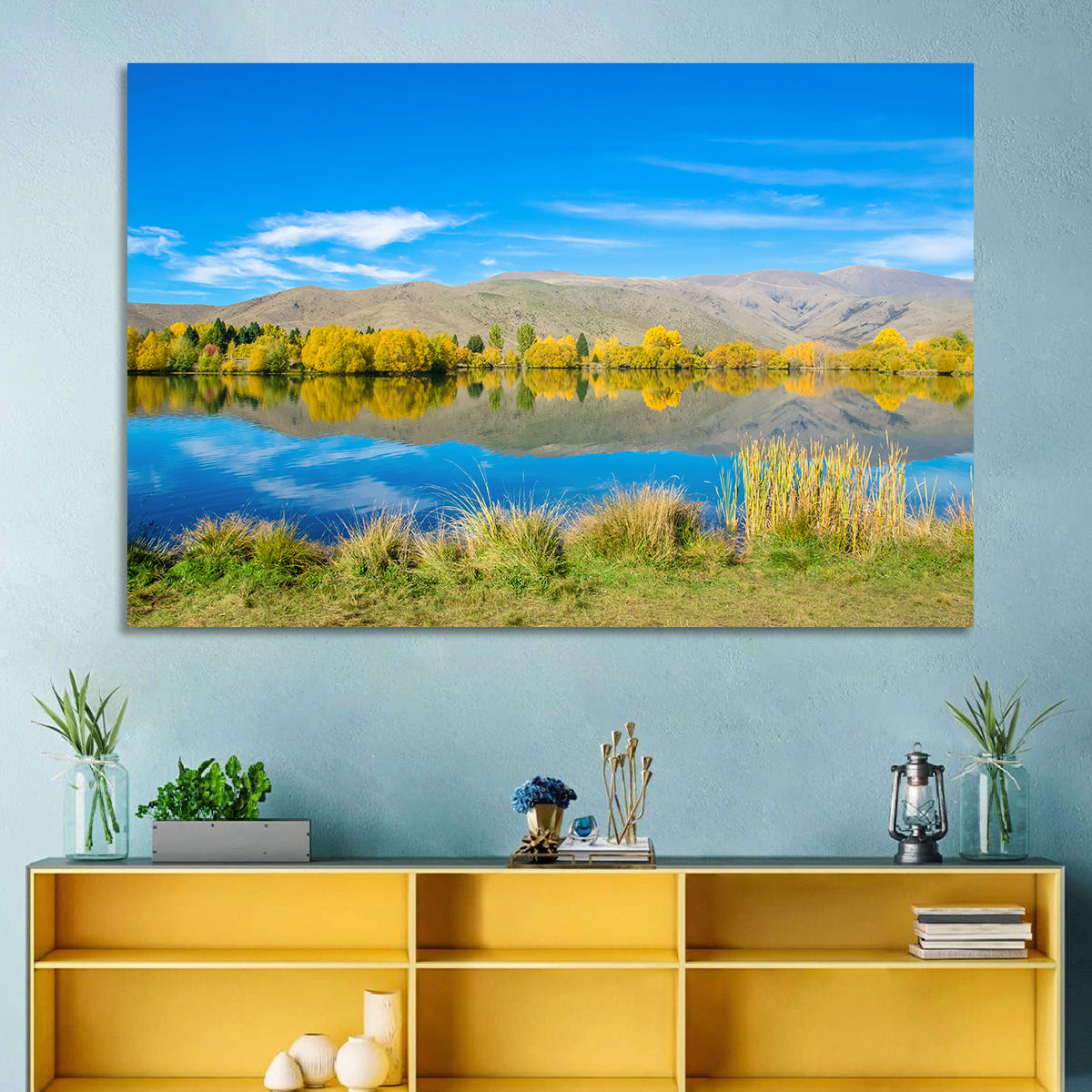Ruataniwha Autumn Reflection Wall Art in a room, landscape