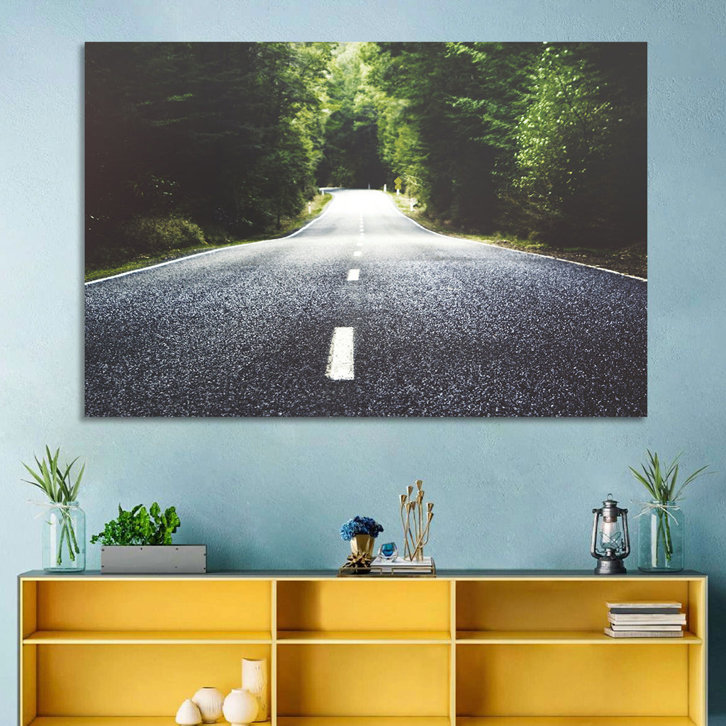 Summer Forest Road with Yellow Sign Wall Art