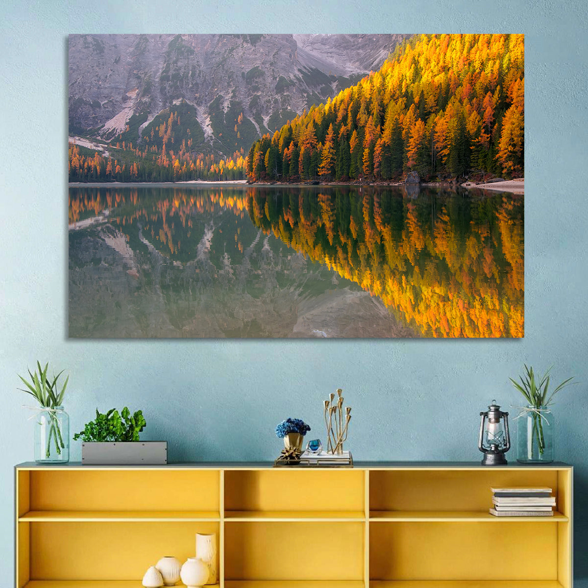 Braies Lake Golden Reflection Wall Art in a room, landscape