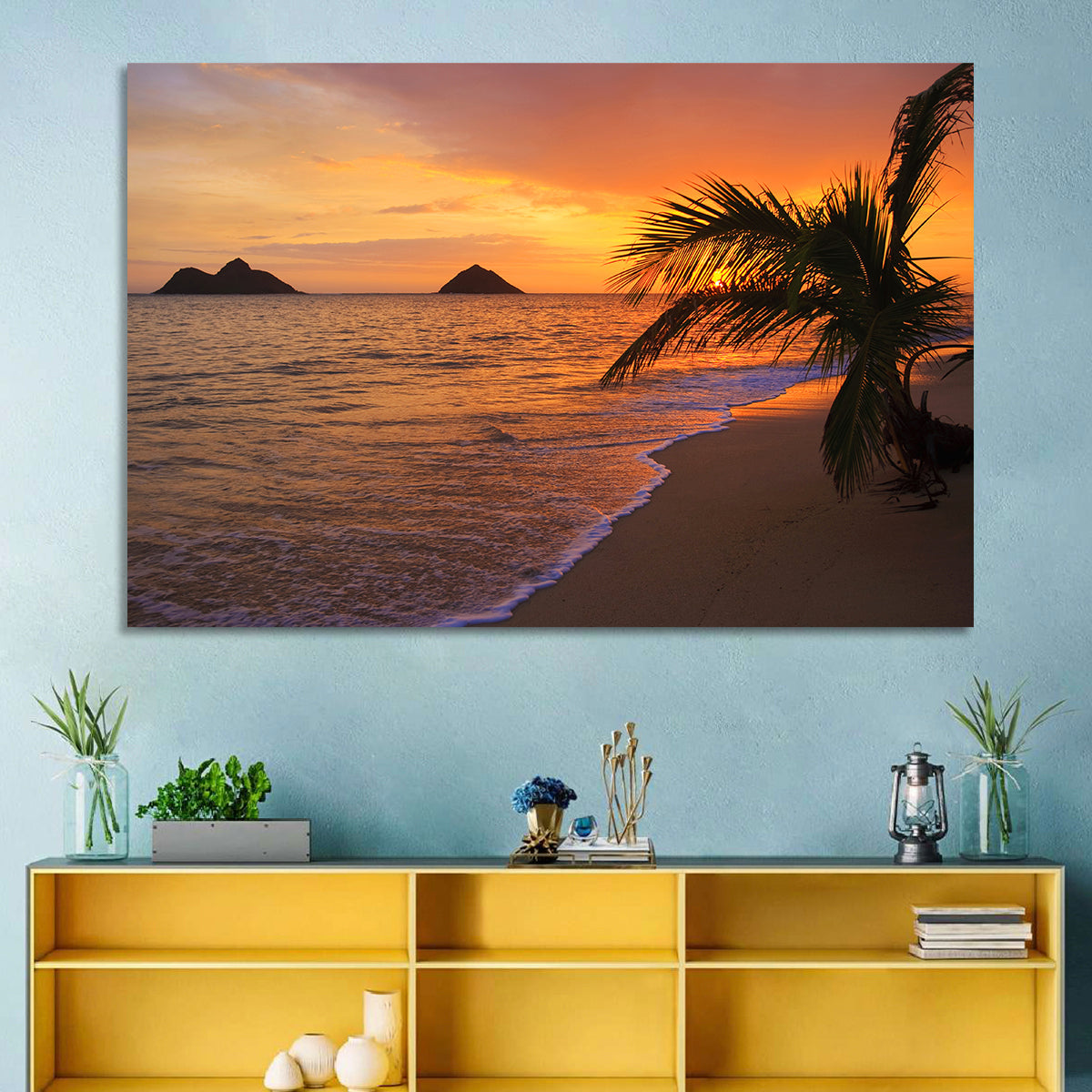 Lanikai Sunrise Over Na Mokulua Wall Art in a room, landscape