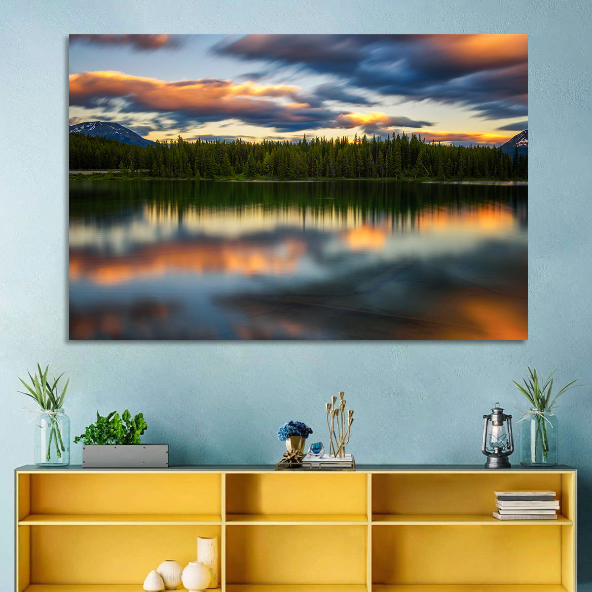 Herbert Lake Sunset Reflection Wall Art in a room, landscape
