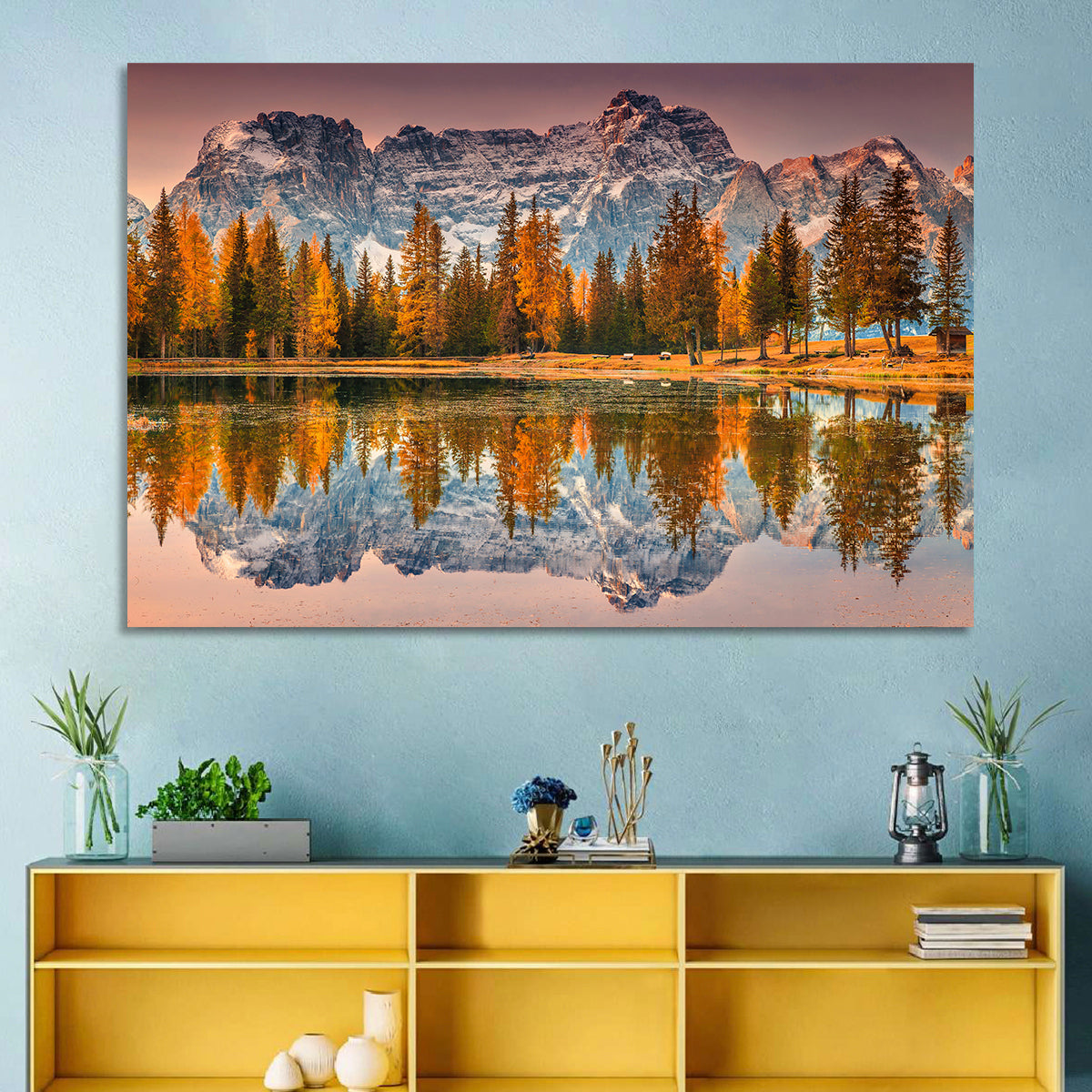 Antorno Lake Autumn Reflection Wall Art in a room, landscape