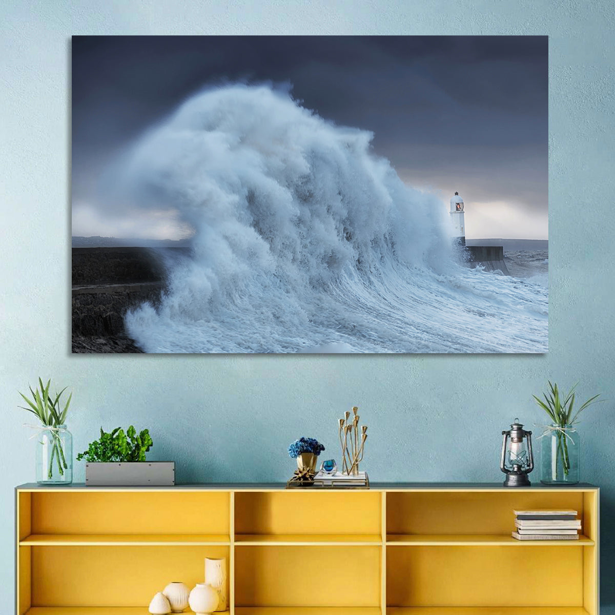 Lighthouse in a Sea Storm Wall Art in a room, landscape