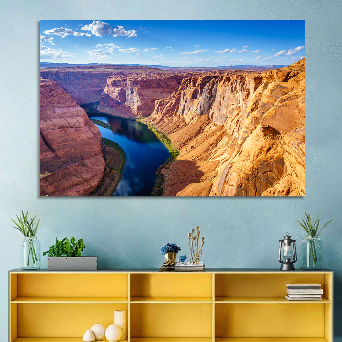 Horseshoe Bend Colorado River Wall Art in a room, landscape