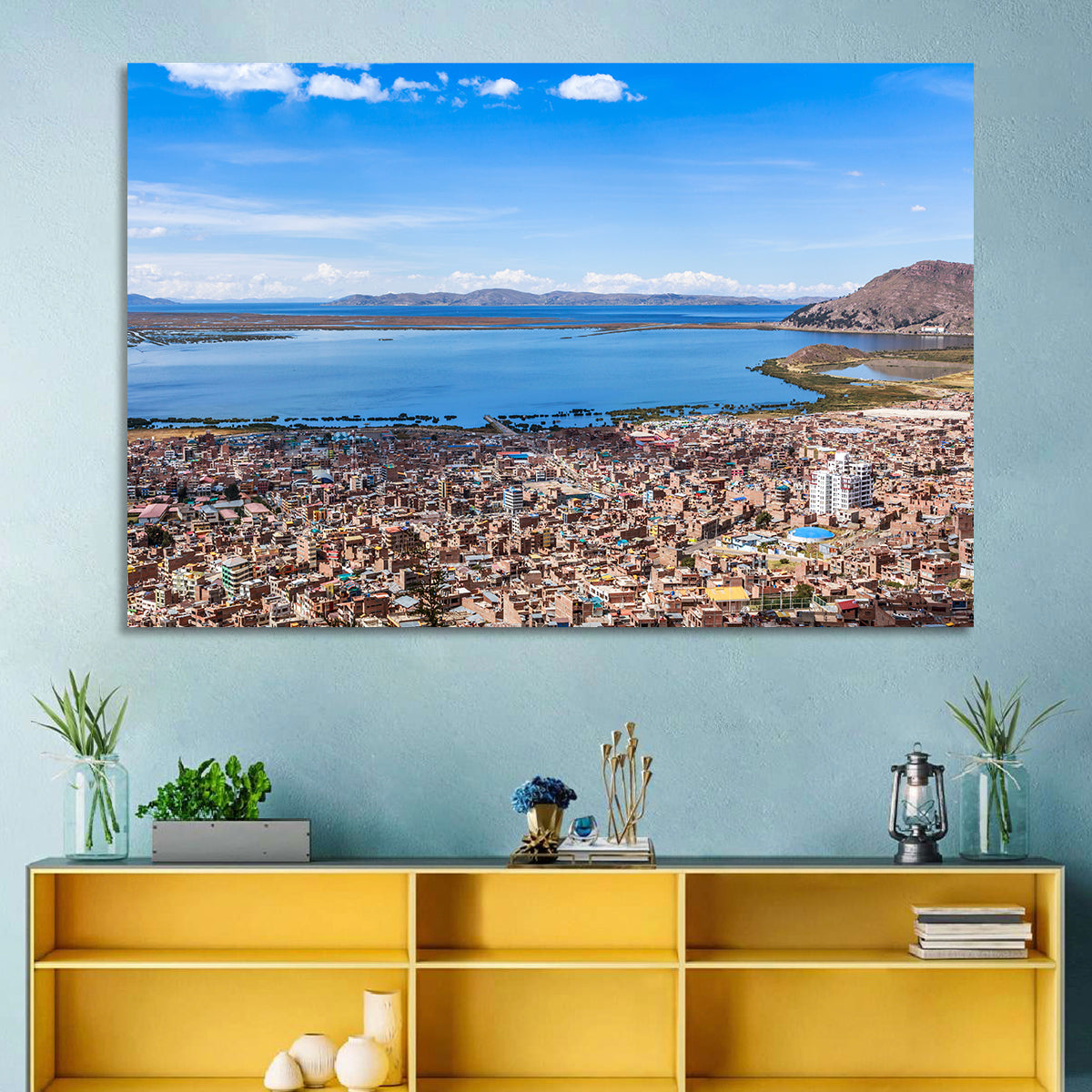 Puno Over Lake Titicaca Wall Art in a room, landscape