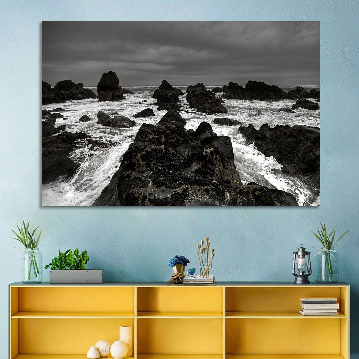 Moody Black and White Rocky Coast Waves Wall Art