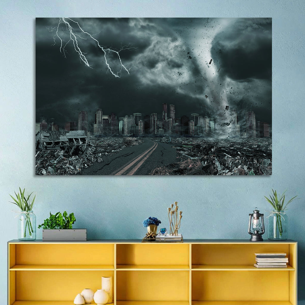 Tornado Over Destroyed City Skyline Wall Art