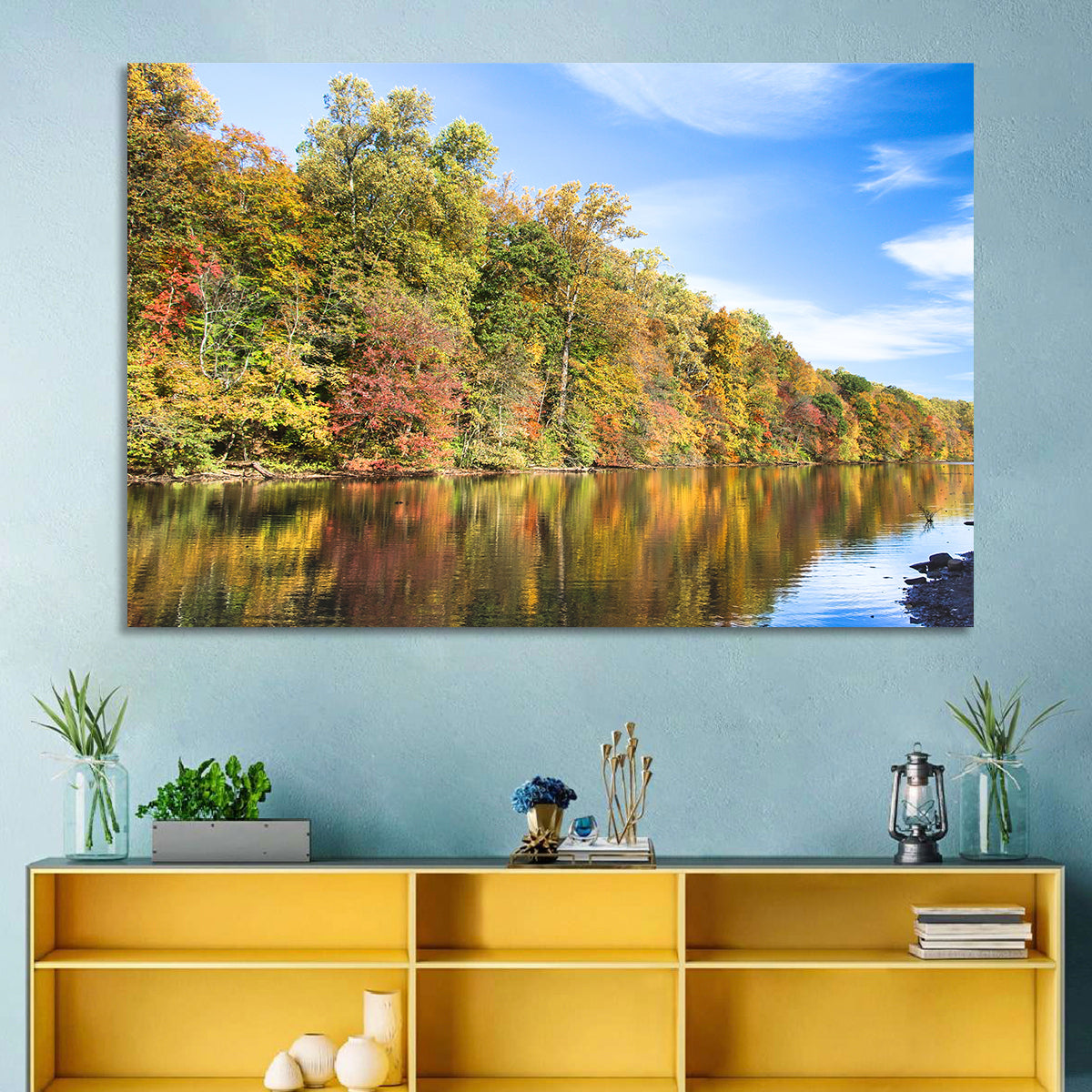 Lake Surprise Autumn Reflection Wall Art in a room, landscape