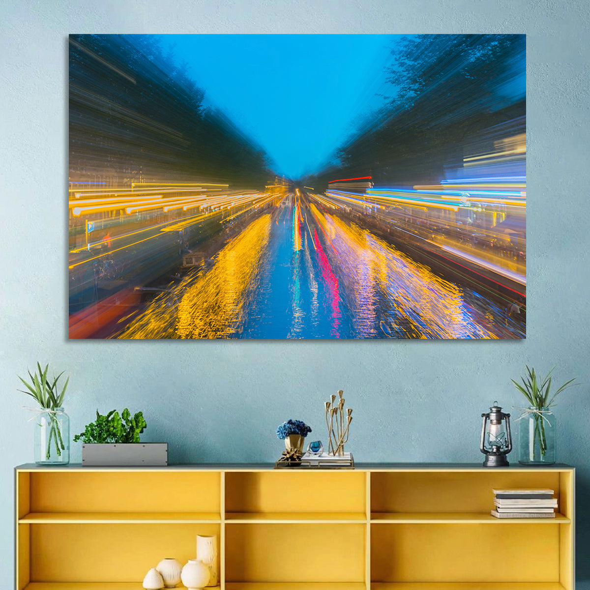 Canal Reflections at Night Wall Art in a room, landscape