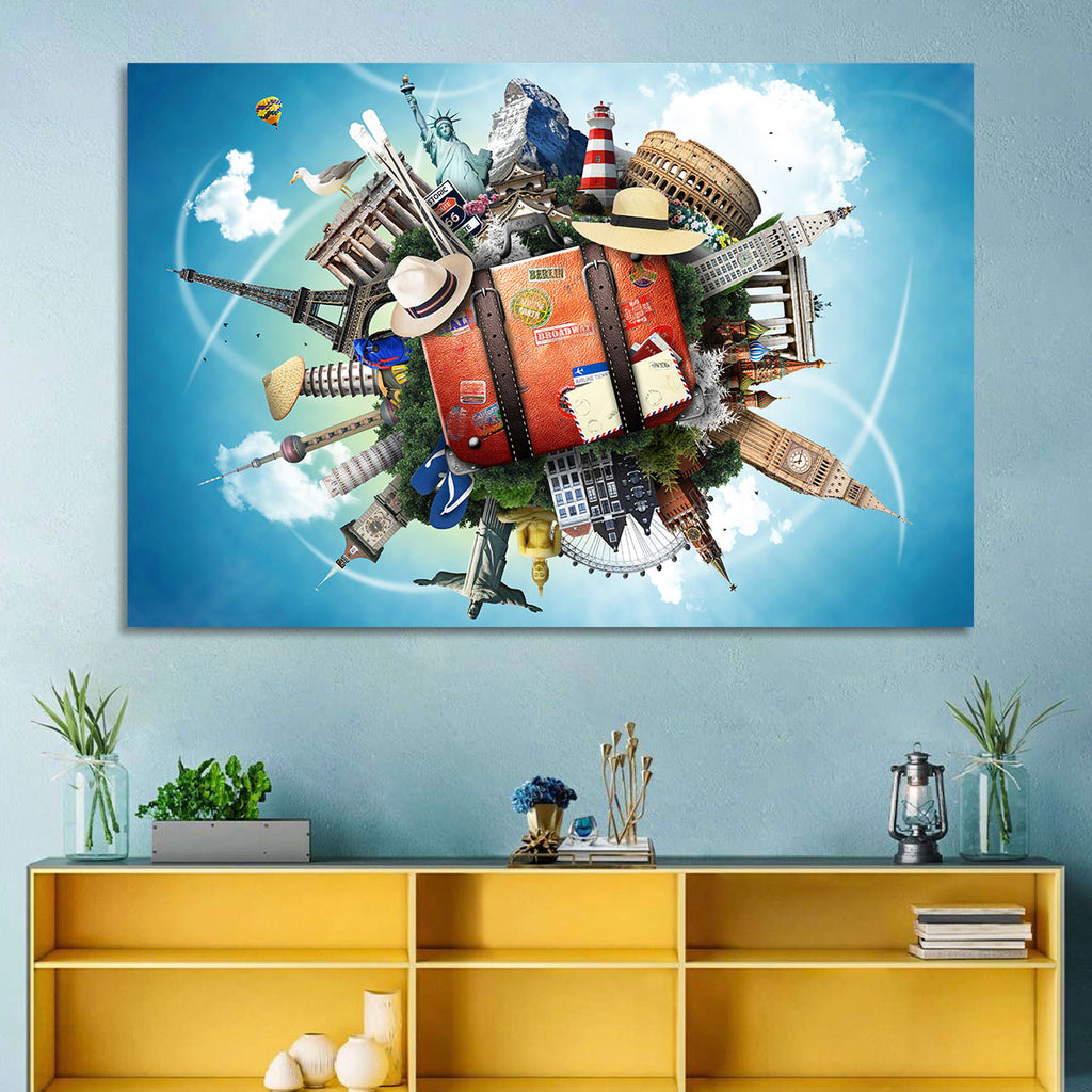 Suitcase and World Landmarks Montage Wall Art