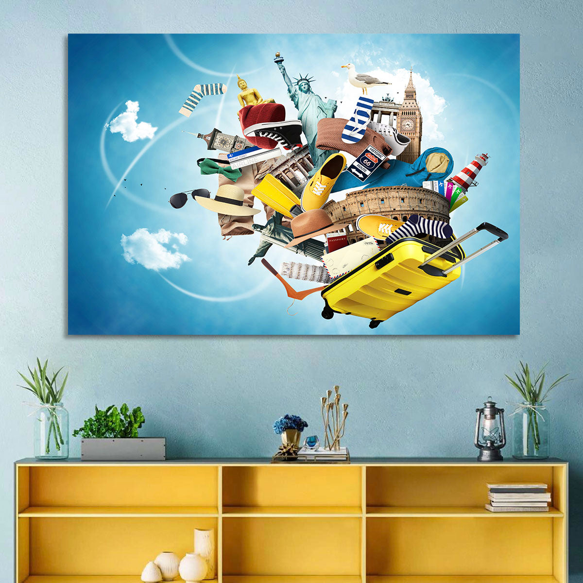 Floating Landmarks with Yellow Suitcase Wall Art in a room, landscape