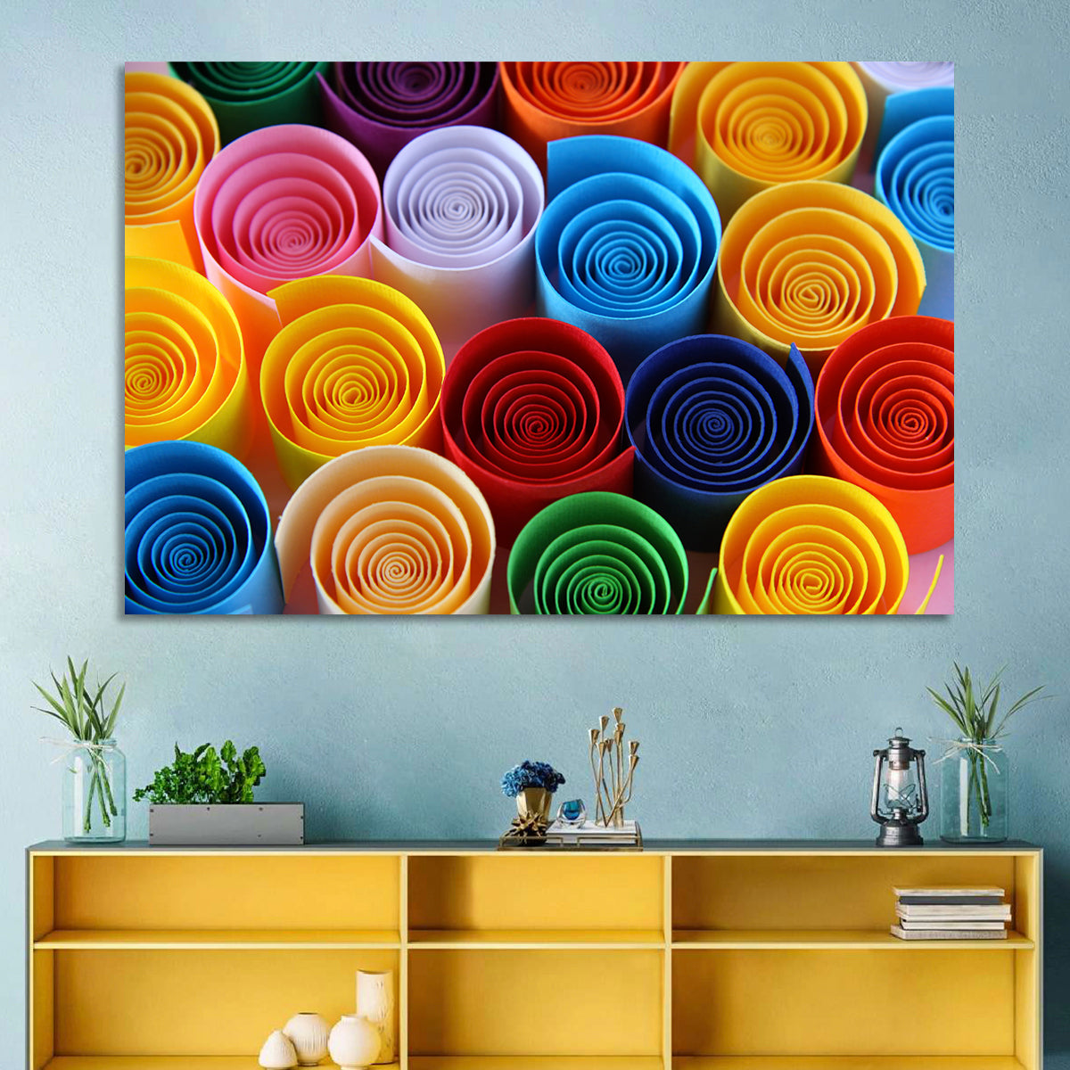 Quilled Color Spirals Wall Art in a room, landscape