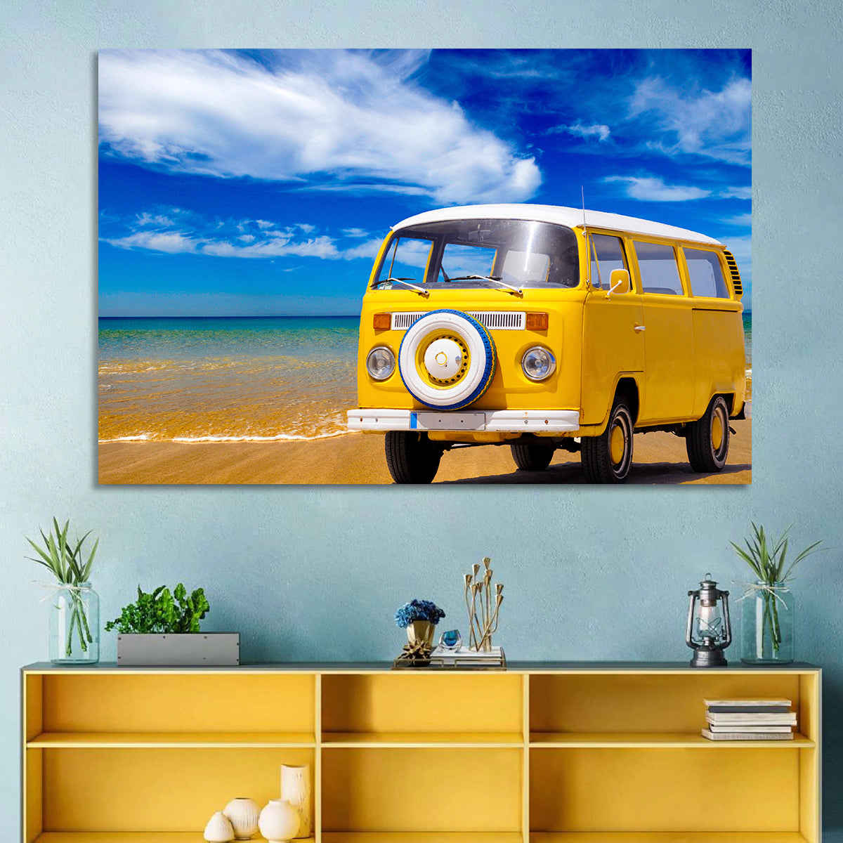 Yellow Vintage Van on Beach Wall Art in a room, landscape