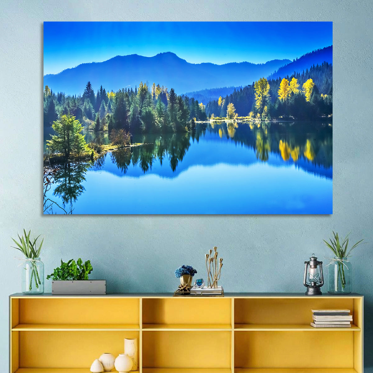 Gold Lake Reflection Wall Art in a room, landscape
