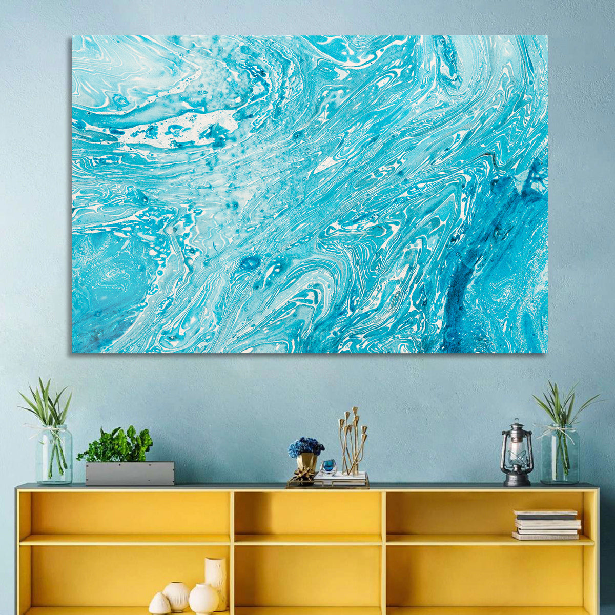 Cerulean Marbled Waves Wall Art in a room, landscape