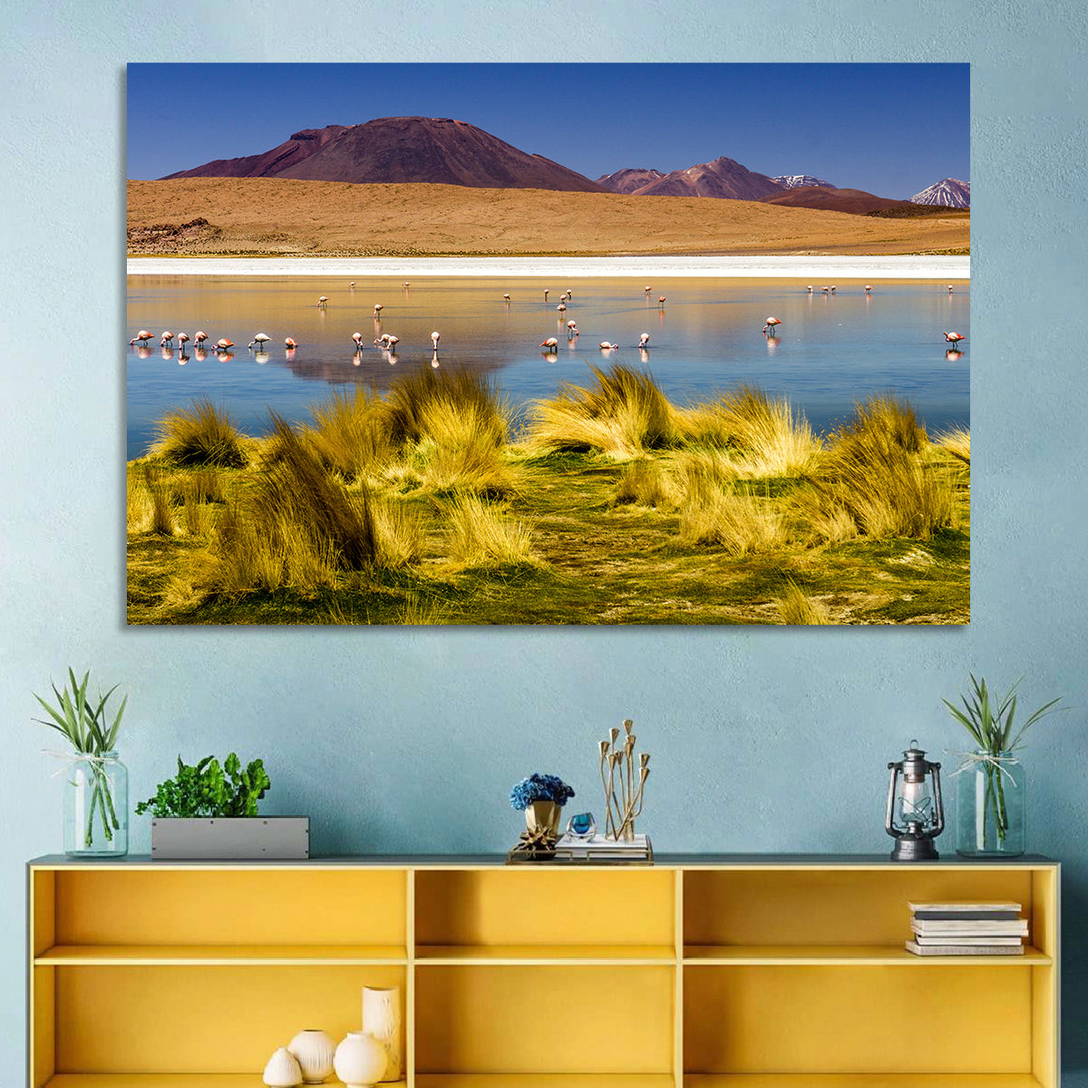 Flamingos on Salt Lake Wall Art in a room, landscape