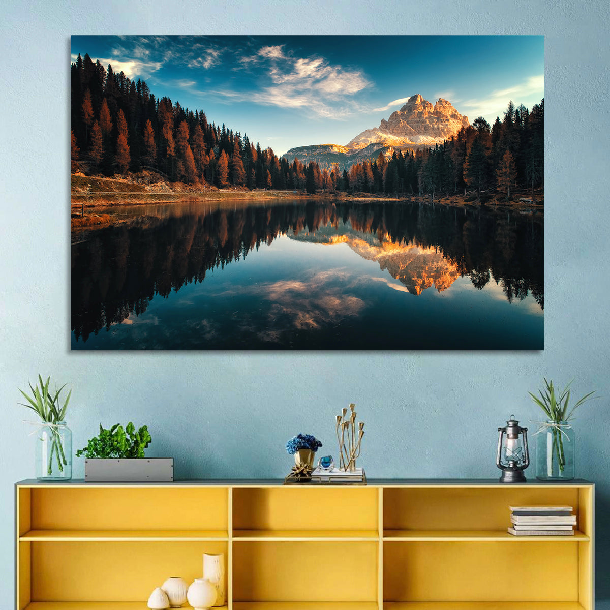 Lago Antorno Golden Hour Reflection Wall Art in a room, landscape