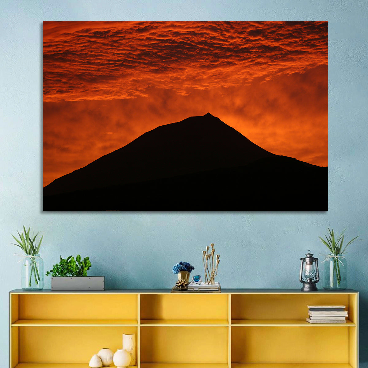 Pico Island Volcano Silhouette at Sunset Wall Art in a room, landscape