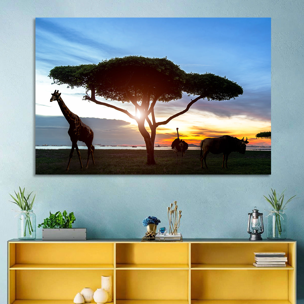Savanna Silhouettes at Golden Hour Wall Art in a room, landscape