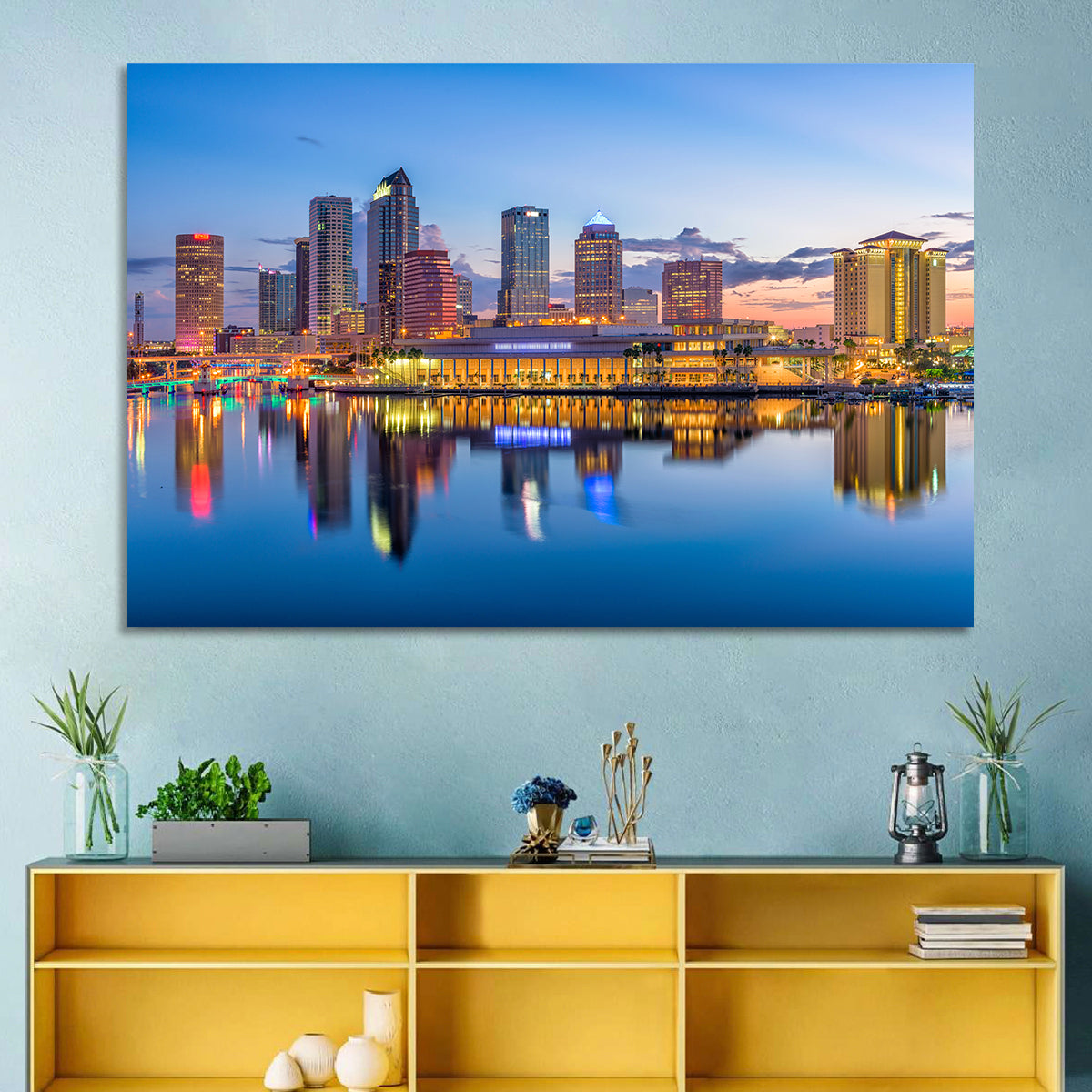 Tampa Twilight Skyline Wall Art in a room, landscape