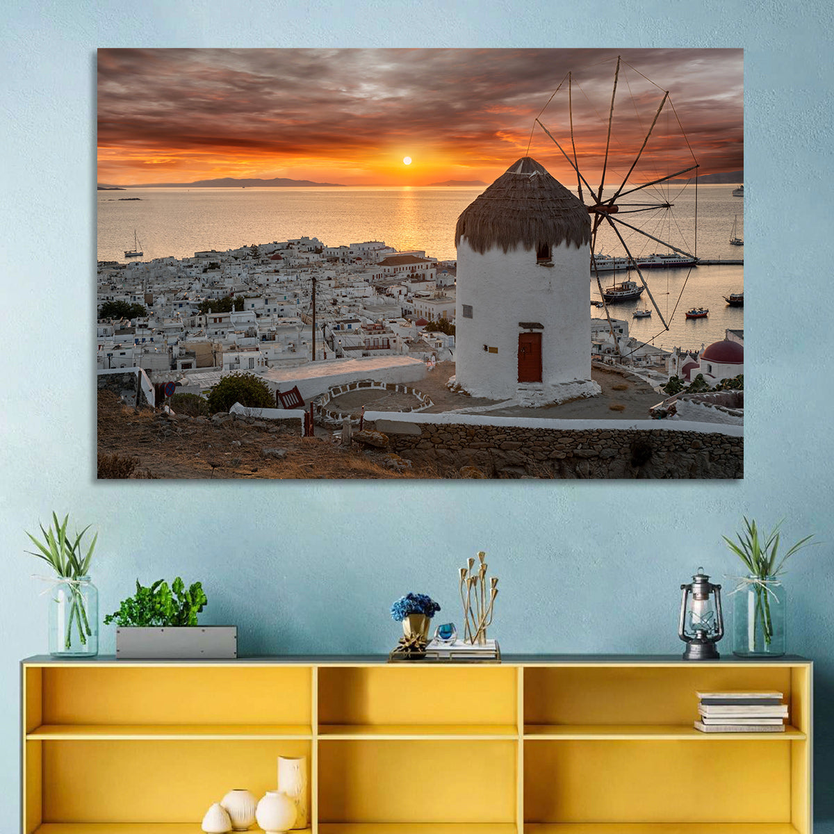 Kato Mili Sunset, Mykonos Wall Art in a room, landscape