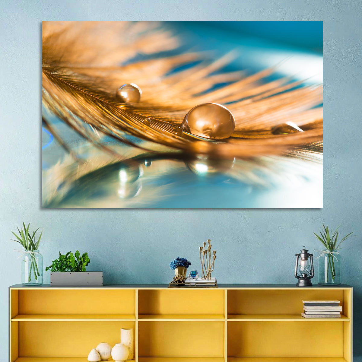Golden Feather with Droplets Wall Art in a room, landscape