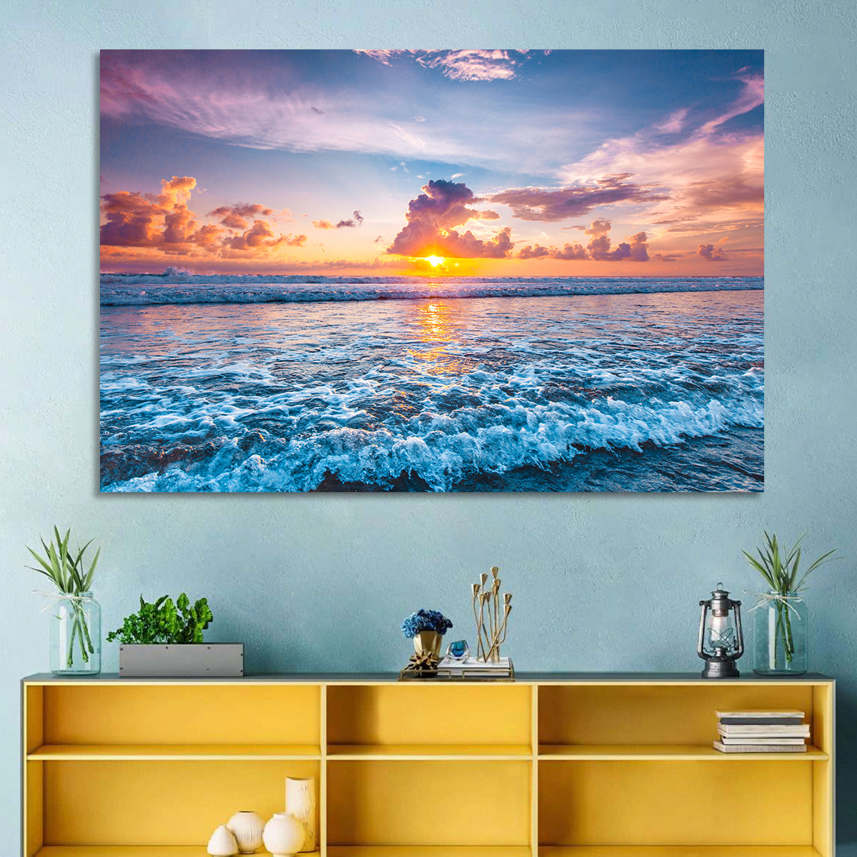 Sunburst Ocean Wave Wall Art in a room, landscape