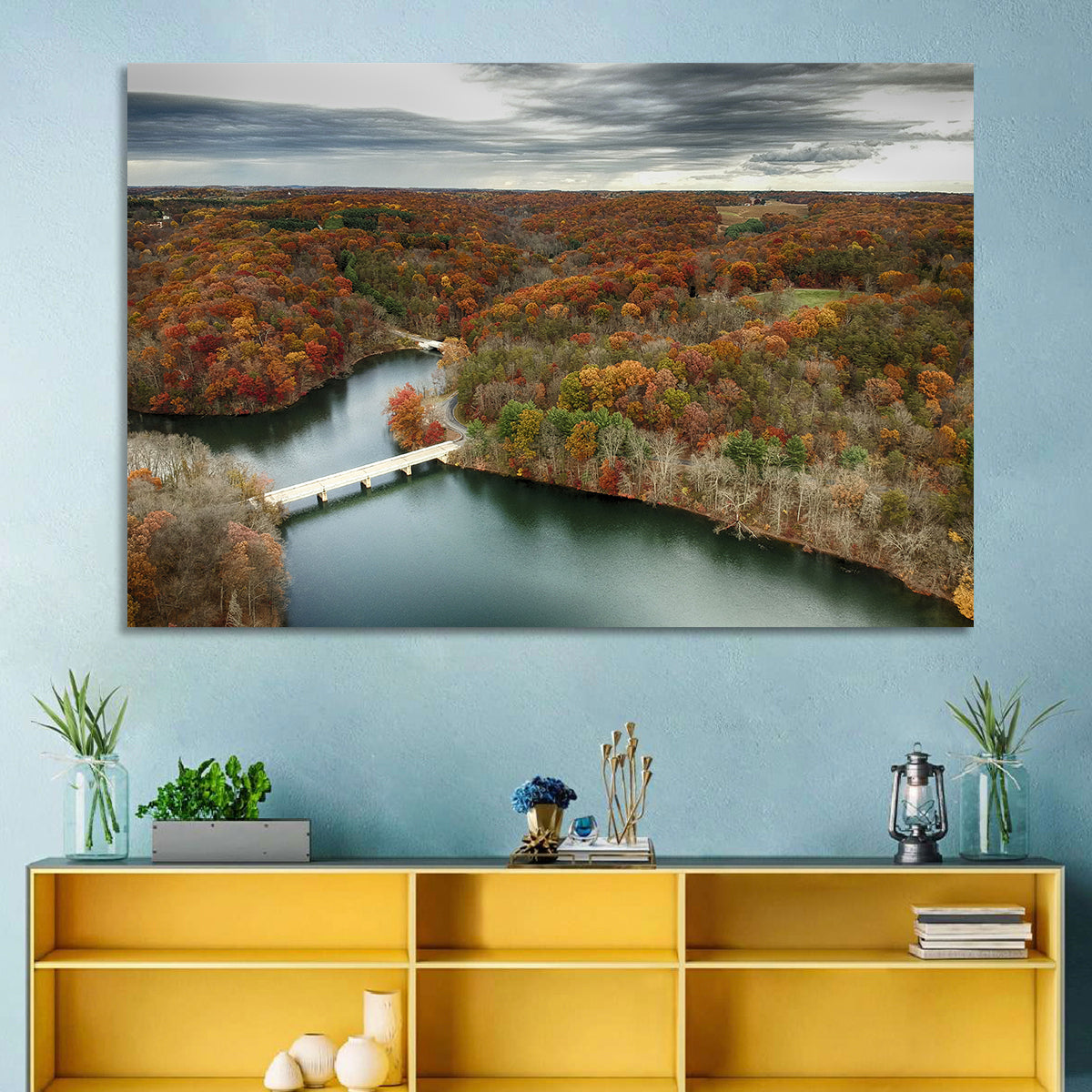 Seneca Lake Aerial View Wall Art in a room, landscape