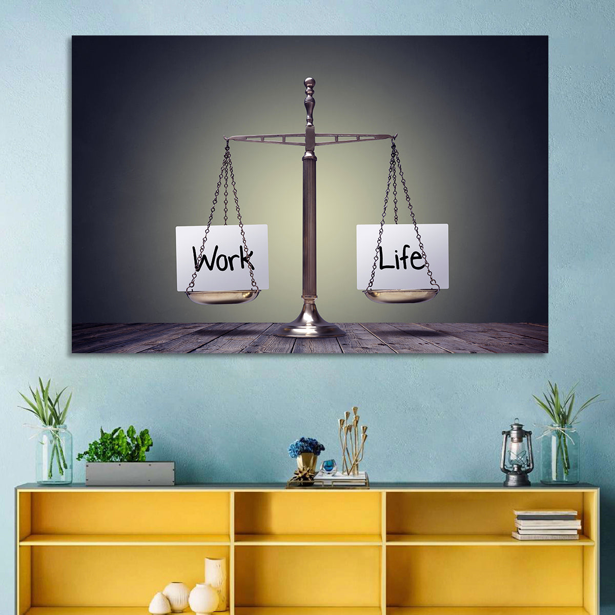 Metallic Scale: Work and Life Wall Art in a room, landscape
