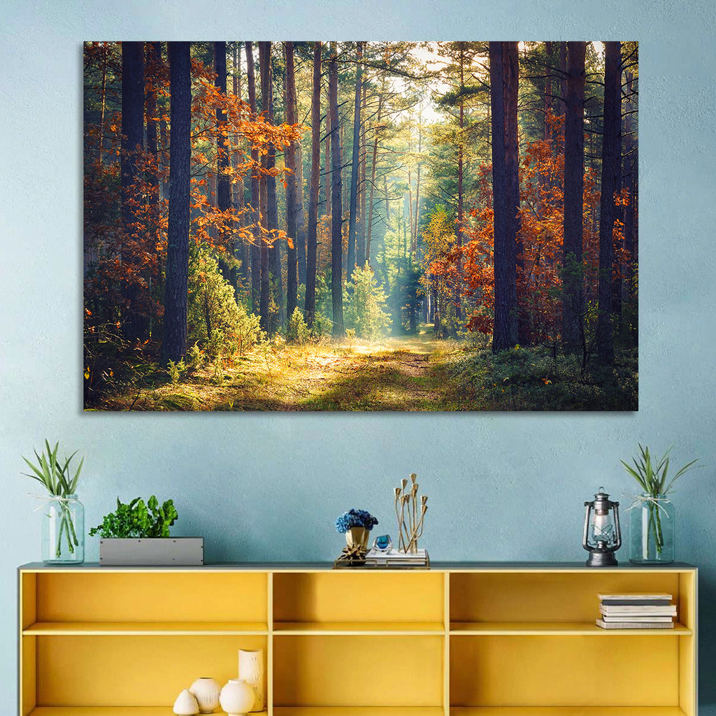 Sunlit Autumn Pine Forest Wall Art