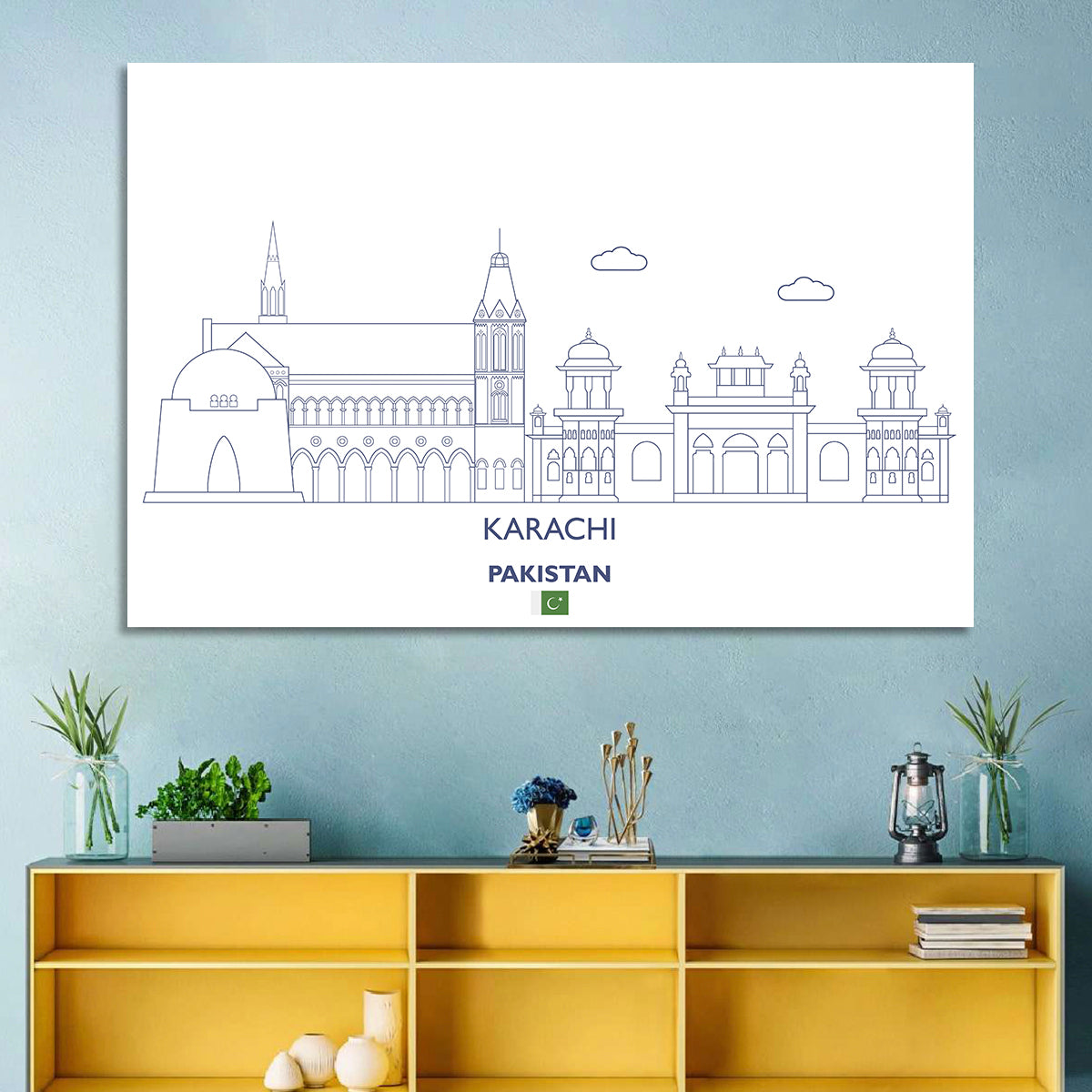 Karachi Skyline with Mazar-e-quaid Wall Art in a room, landscape