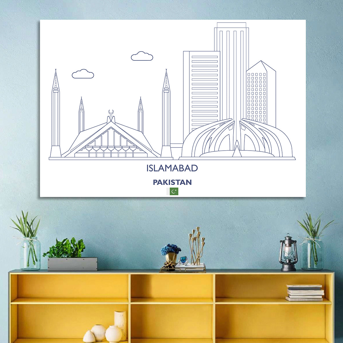 Islamabad Skyline Line Wall Art in a room, landscape