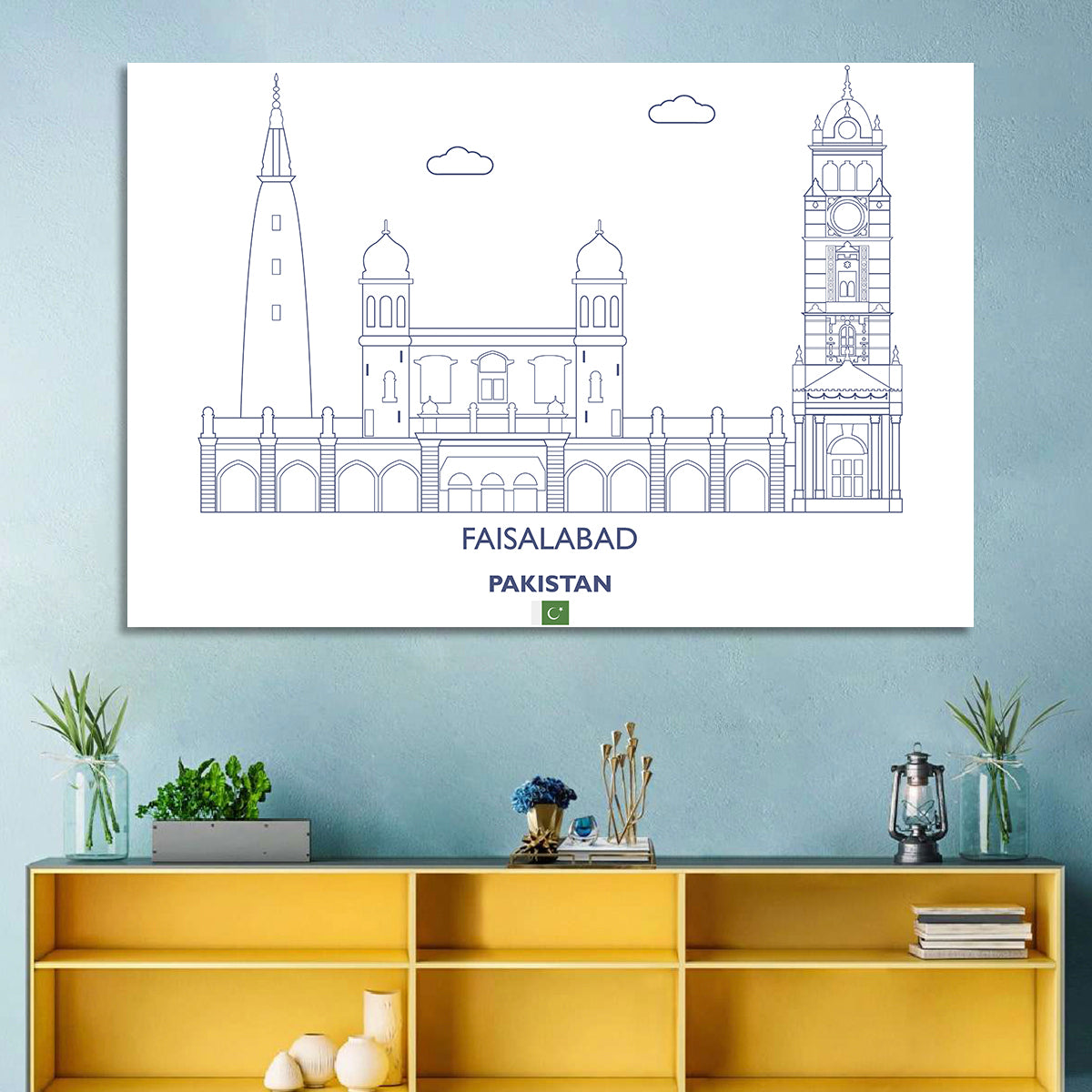 Faisalabad Clock Tower Skyline Wall Art in a room, landscape