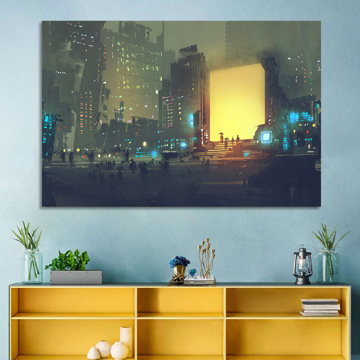 Rainy Night City with Glowing Portal Wall Art