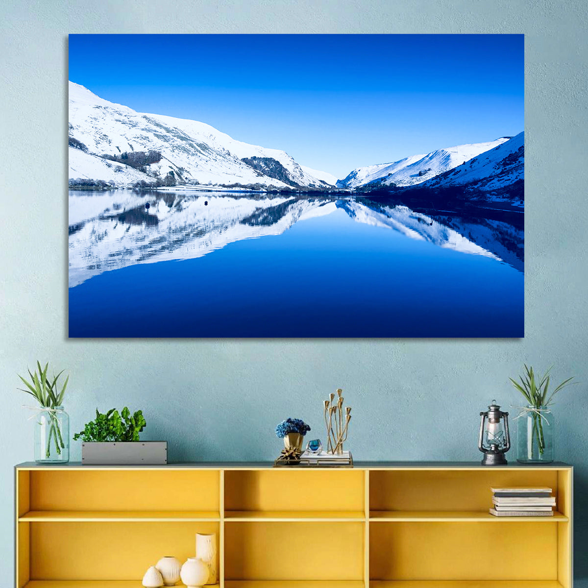 Tal Y Llyn Winter Reflection Wall Art in a room, landscape