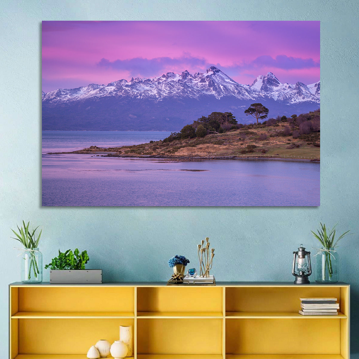 Beagle Channel Purple Dawn Wall Art in a room, landscape