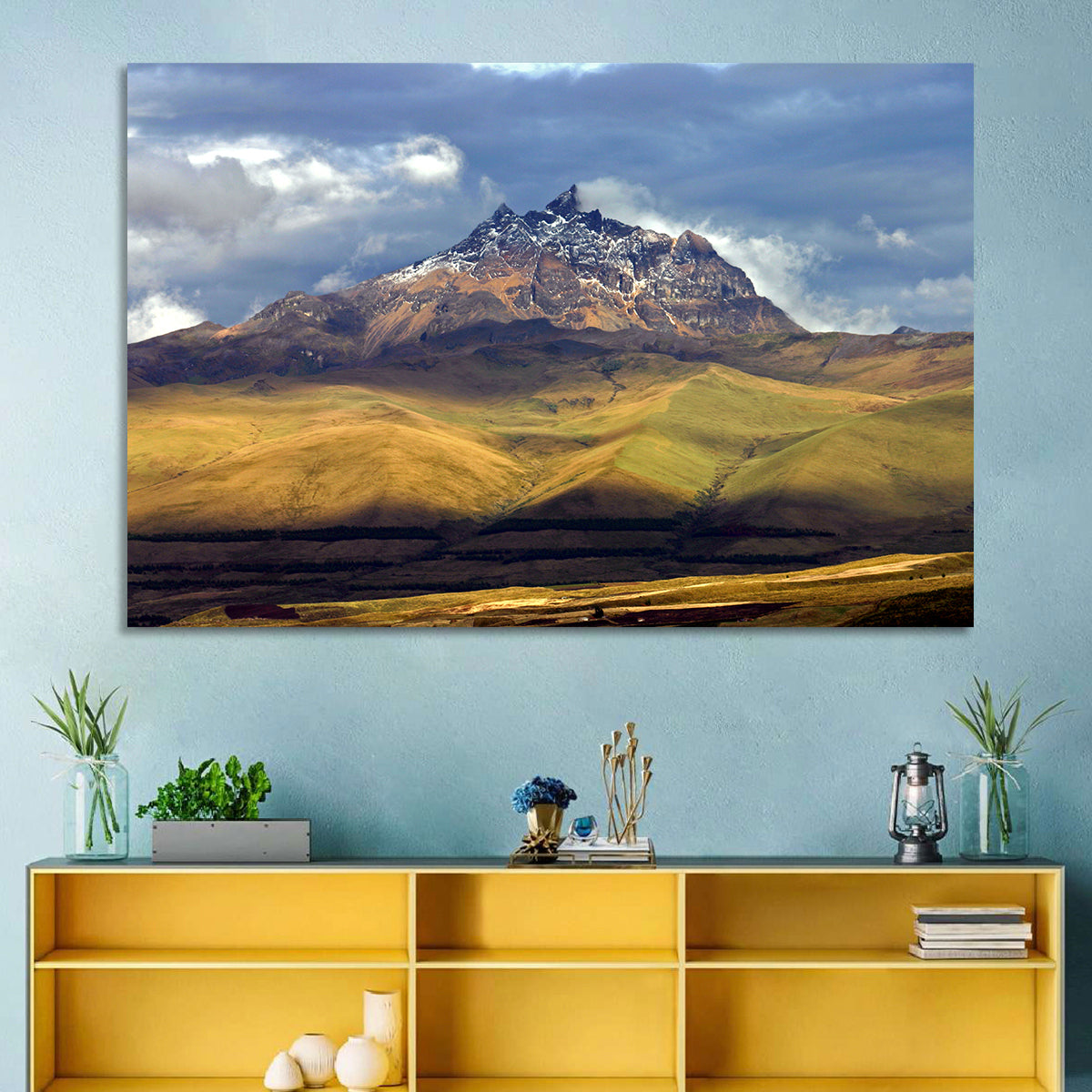 Antisana Volcano Landscape Wall Art in a room, landscape